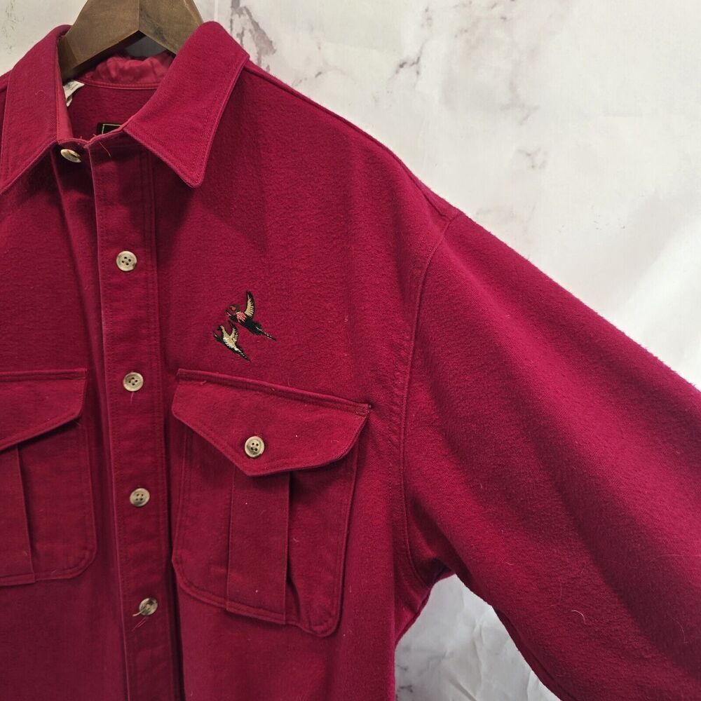 Eddie Bauer Shirt Mens Large Red Flannel Chamois Vintage Pheasant Embroidery